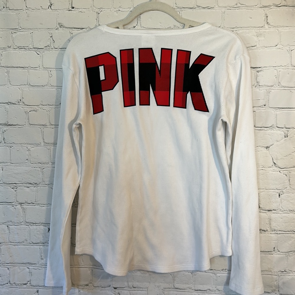 VS Pink white thermal top with buffalo plaid “PINK”